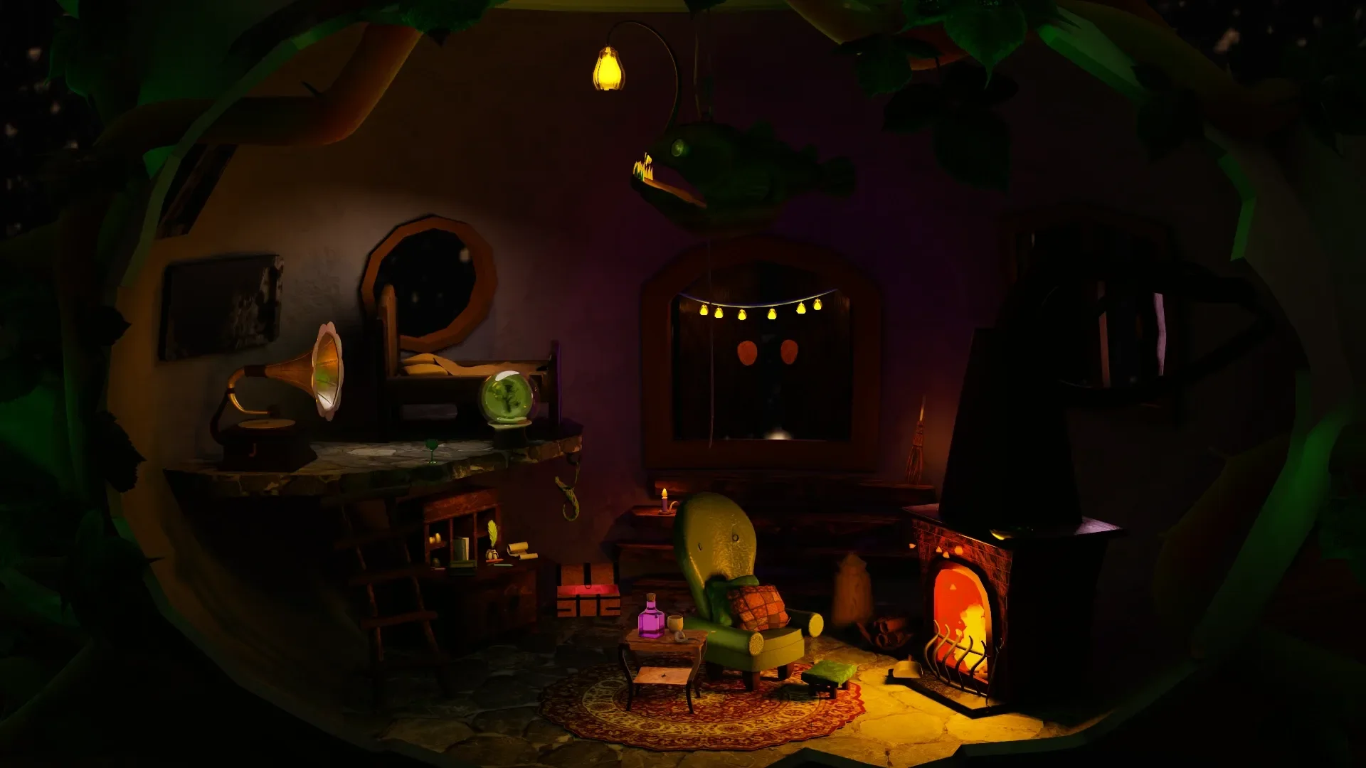 A whimsical teapot house with an open fire place