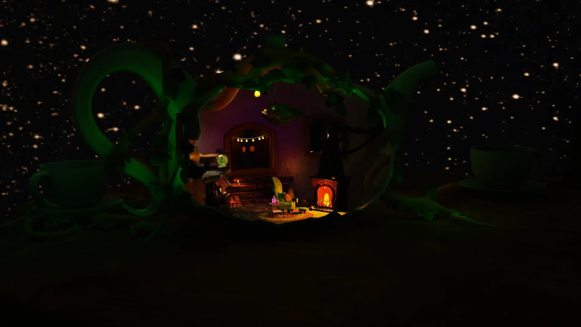 A whimsical teapot house with an open fire place