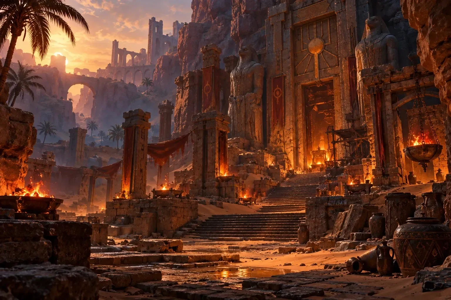 A glowing ancient forge surrounded by sandstone ruins in a desert canyon.