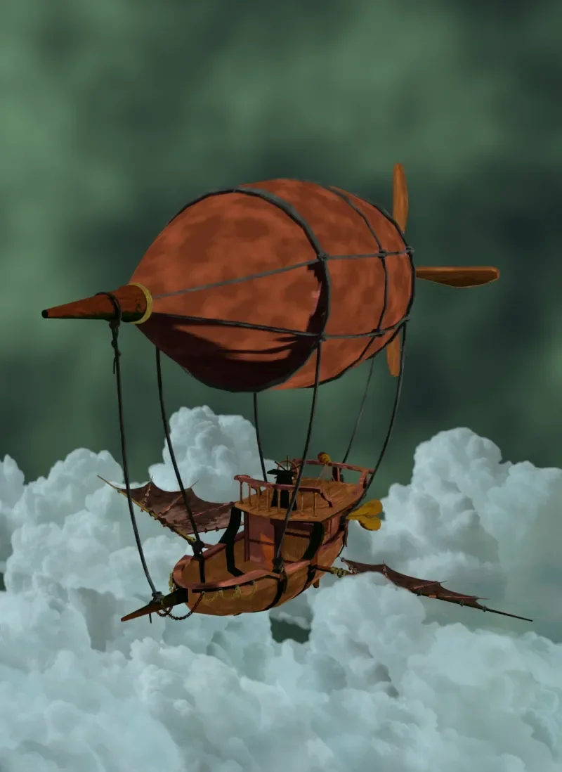 A  airship floating above green clouds.