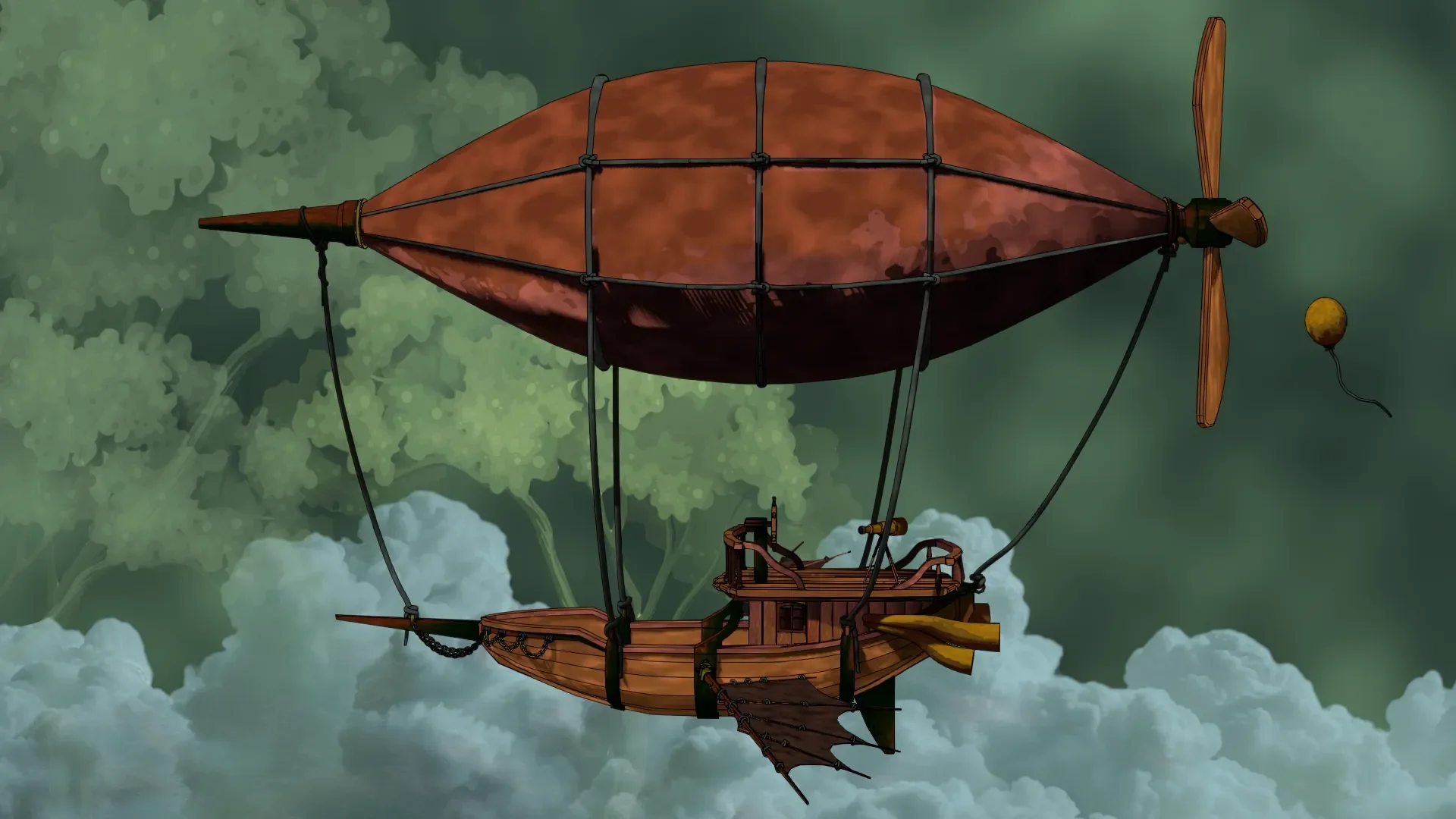 An airship floating above green clouds.